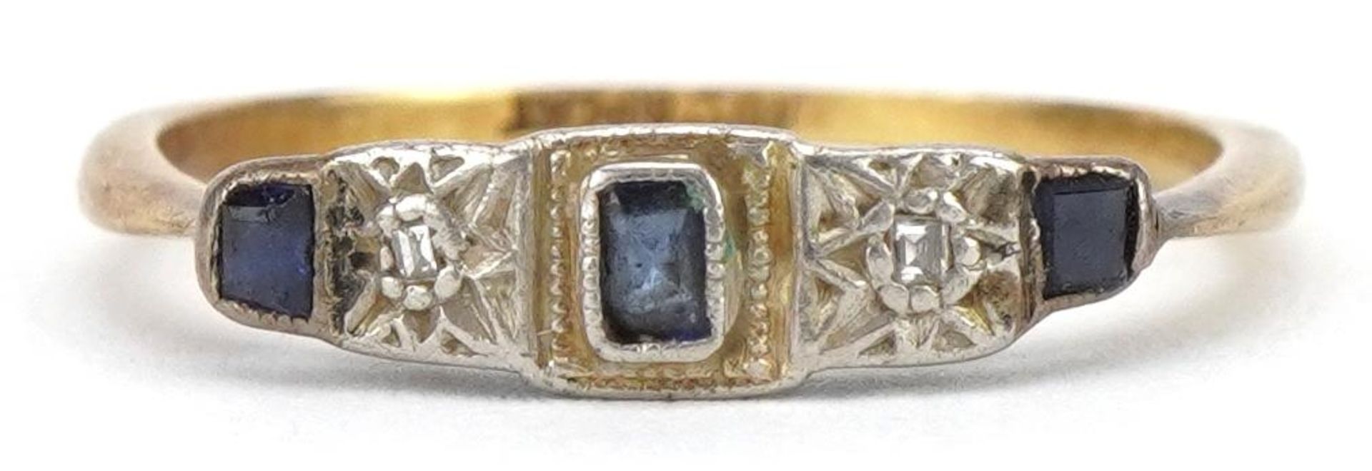 Art Deco 18ct gold and platinum sapphire and diamond five stone ring, size M, 1.5g