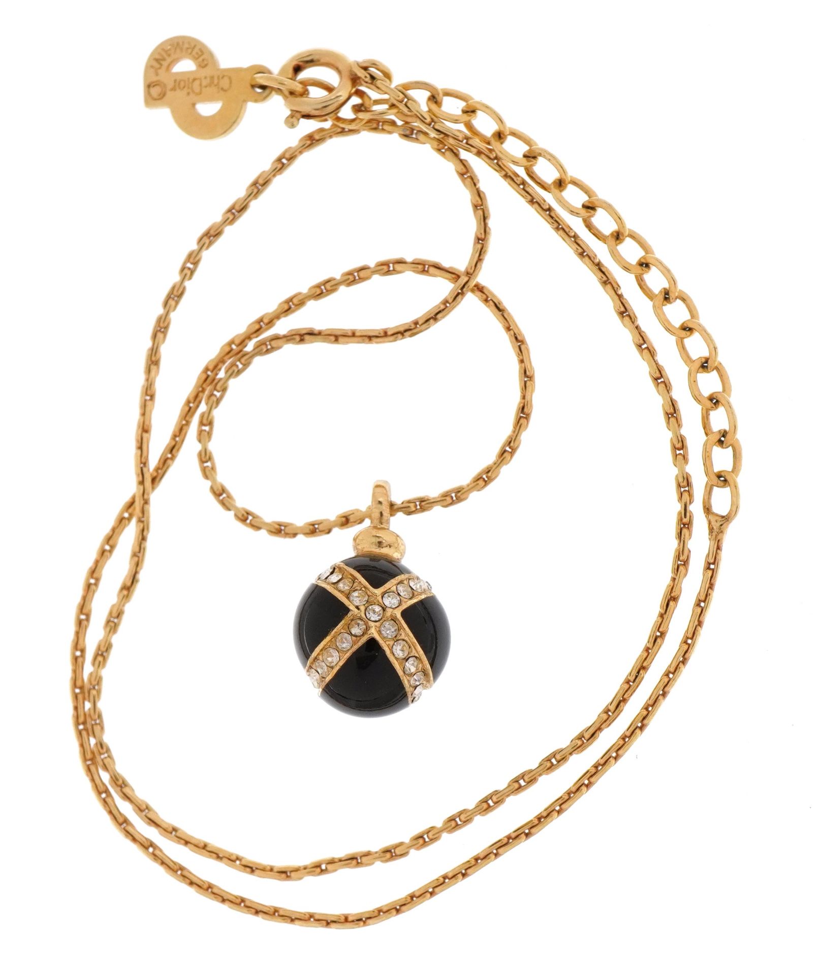 Christian Dior, ball pendant set with clear stones on Belcher link necklace with box, the pendant - Image 5 of 5