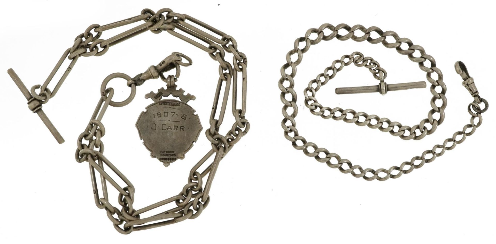 Two watch chains with T bars include a silver example with Edwardian jewel, the largest 34cm in - Image 3 of 4