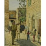 Jerusalem street scene with soldier and donkey, watercolour, inscribed Old Jerusalem and monogrammed