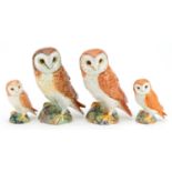 Four Beswick barn owls, one with matt glaze, the largest 18.5cm high