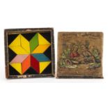 19th century stellated Drawing in Colours puzzle with wooden box having a slide lid, 11.5cm x 11.5cm