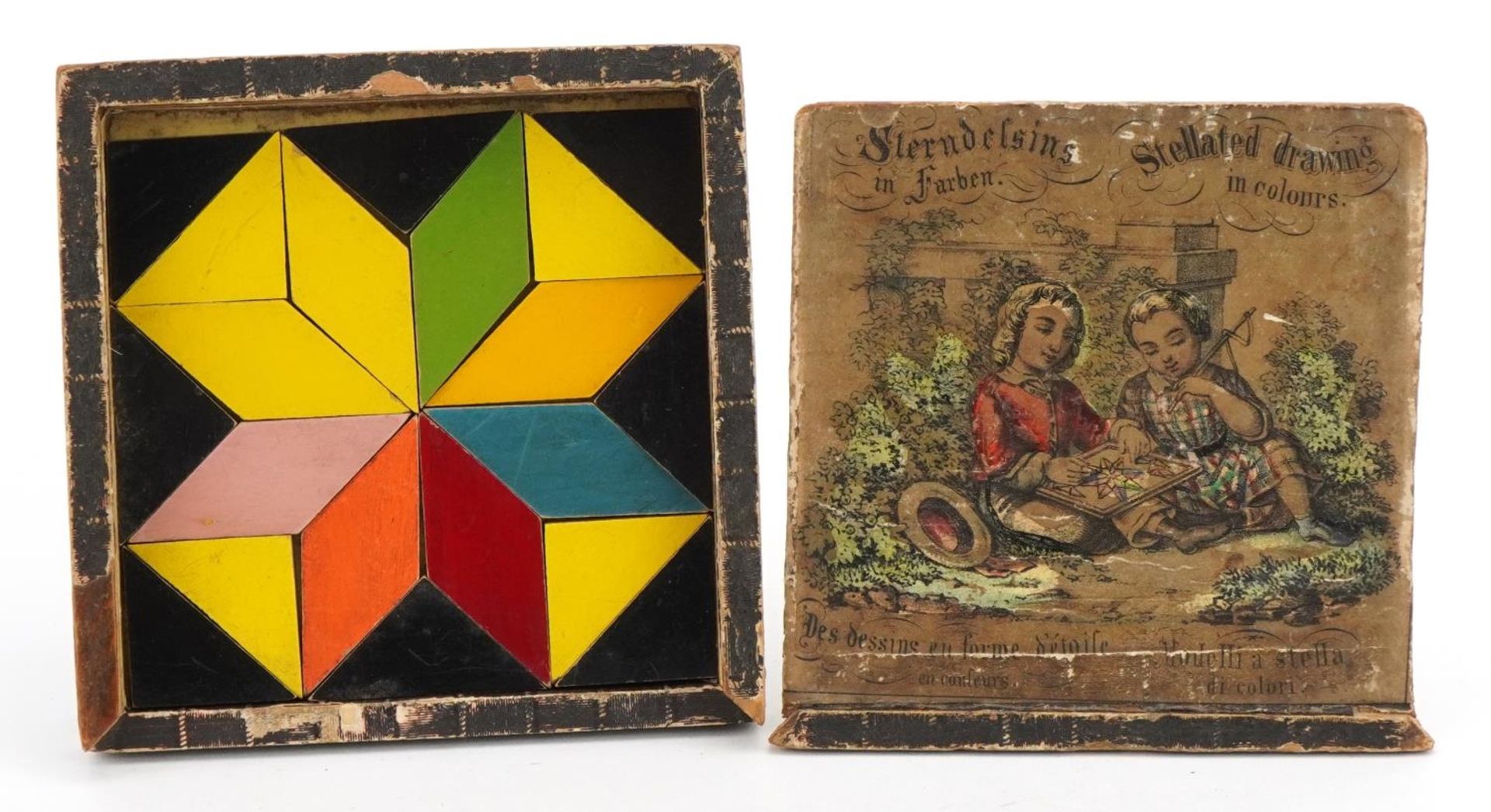 19th century stellated Drawing in Colours puzzle with wooden box having a slide lid, 11.5cm x 11.5cm