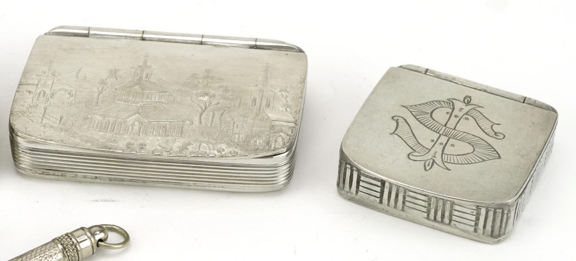 Three pewter snuff boxes together with two propelling pencils and one other case including two - Image 3 of 4