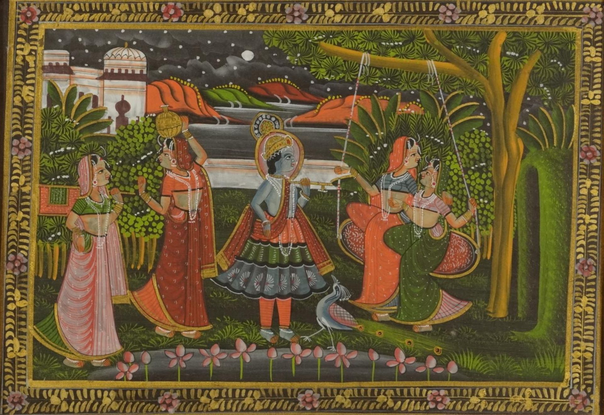 Females and attendants before landscapes, set of three Indian Mughal school watercolours, framed and - Bild 5 aus 10
