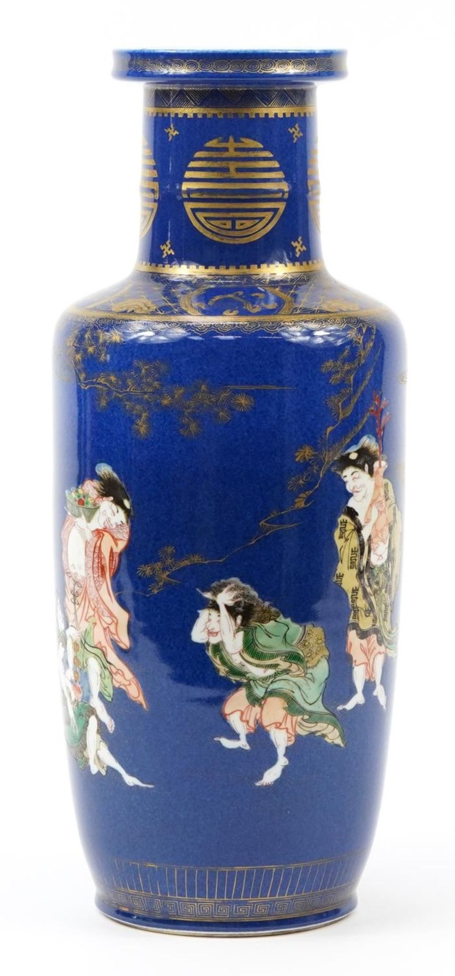 Chinese porcelain powder blue ground Rouleau vase hand painted and gilded with figures in a - Image 2 of 6