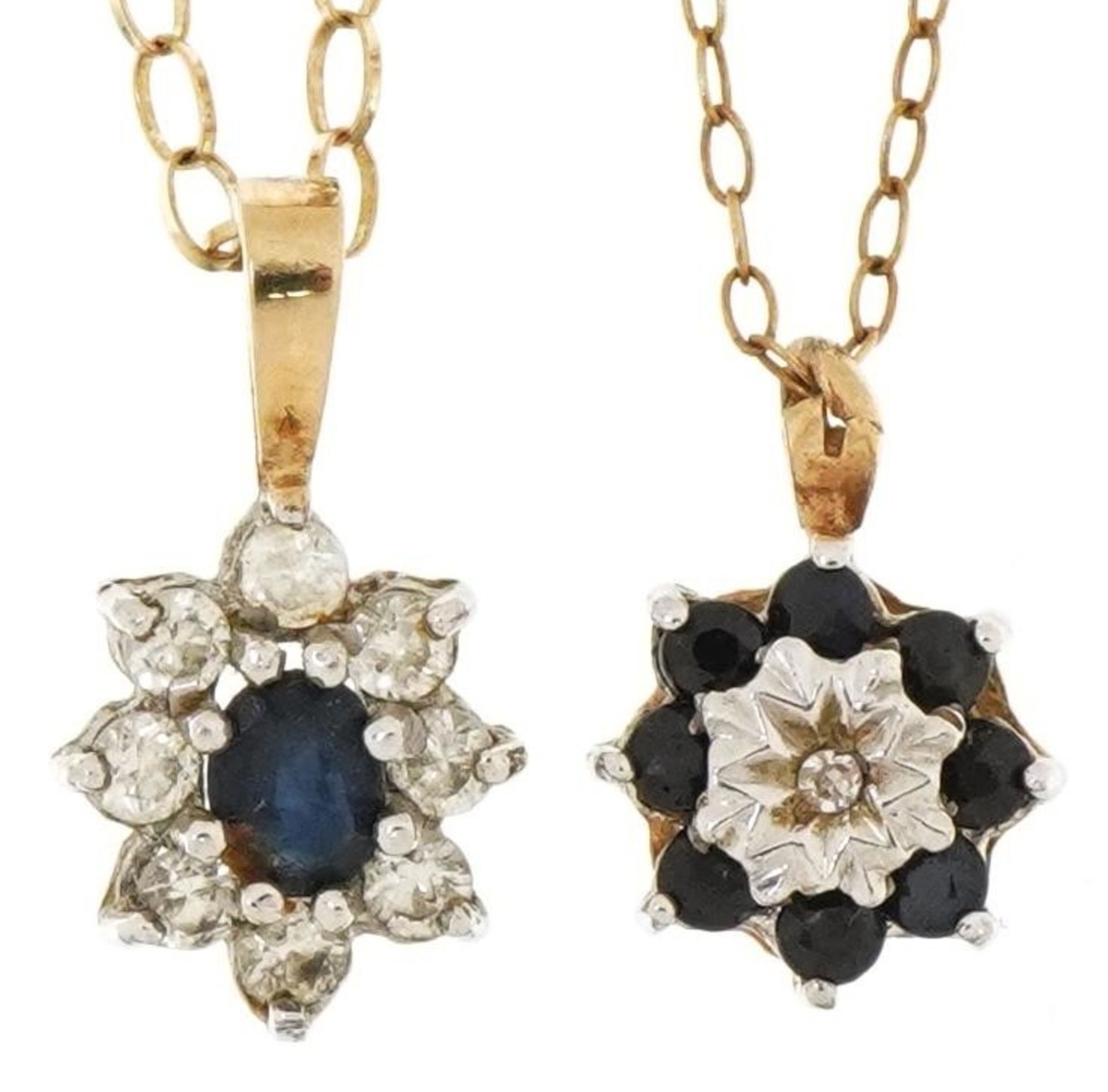Two unmarked gold sapphire cluster pendants, one set with a diamond, on 9ct gold necklaces, the