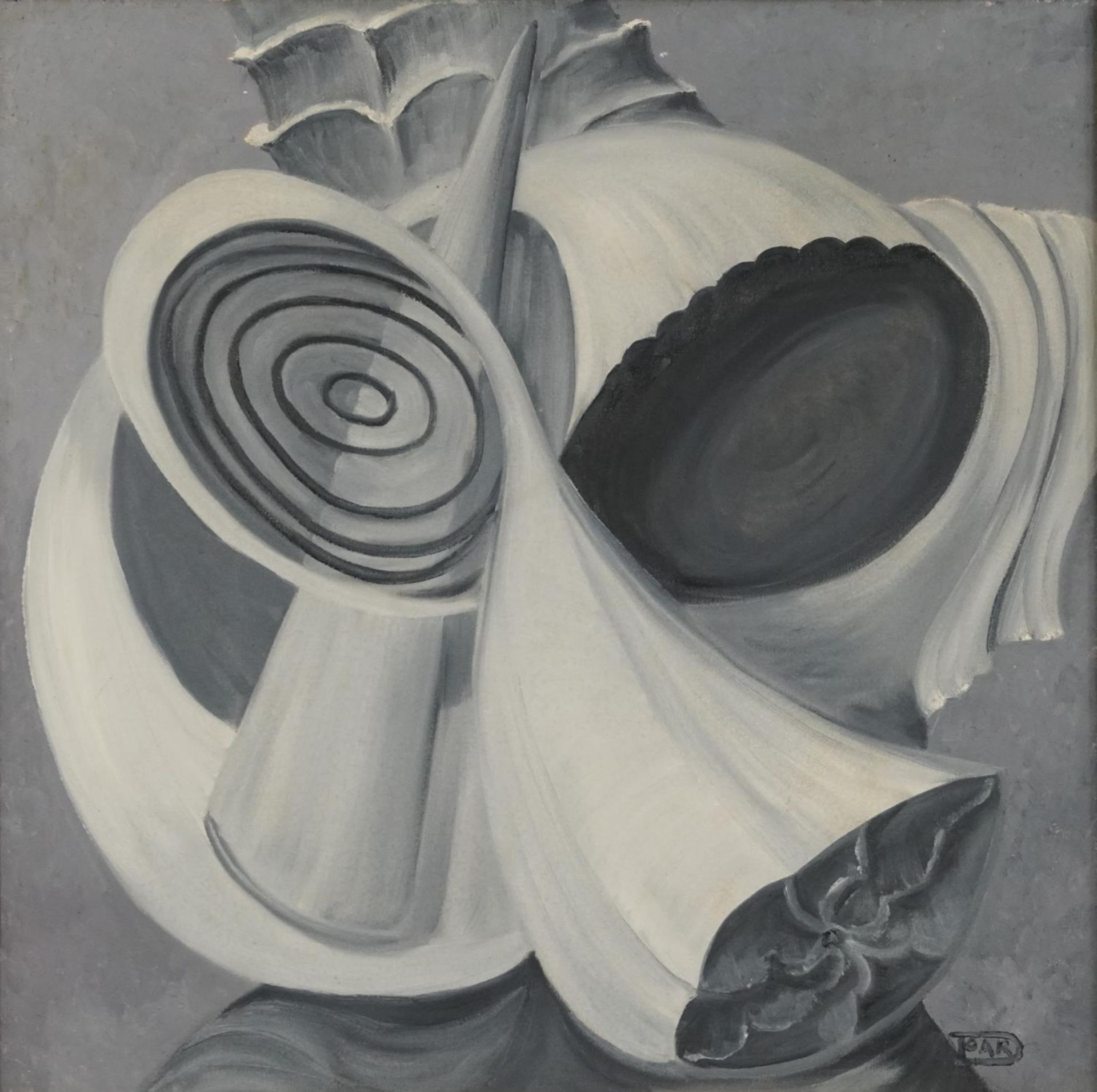 Abstract compositions, shells, pair of monochrome oil on canvasses, framed, each 49cm x 49cm - Image 2 of 9
