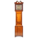 19th century inlaid oak cased grandfather clock with brass dial having Roman numerals, engraved