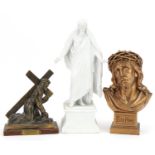 Parian style statue of Christ and two gilt metal examples including one of Christ wearing the