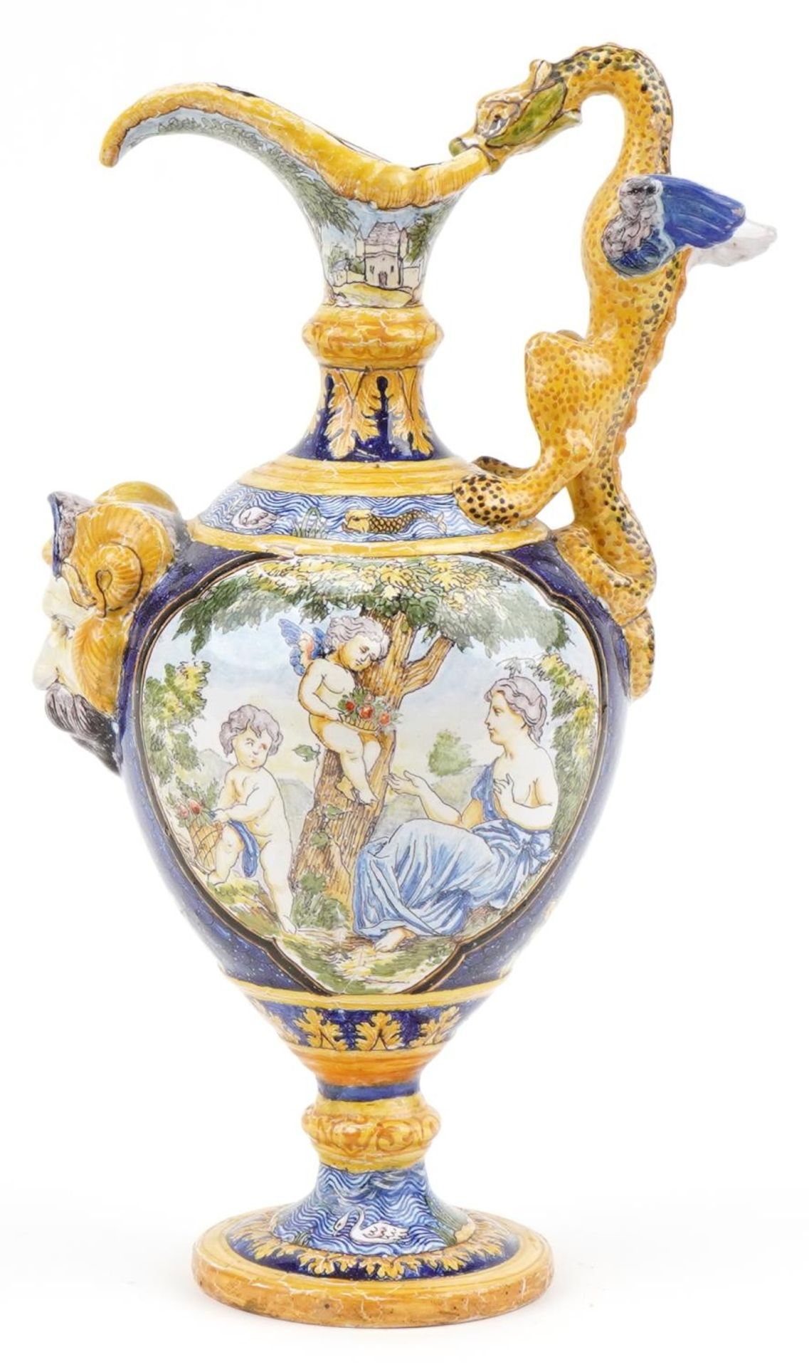 Attributed to Cantagalli, Italian Maiolica ewer with mythical handle and mask, hand painted with - Image 2 of 5