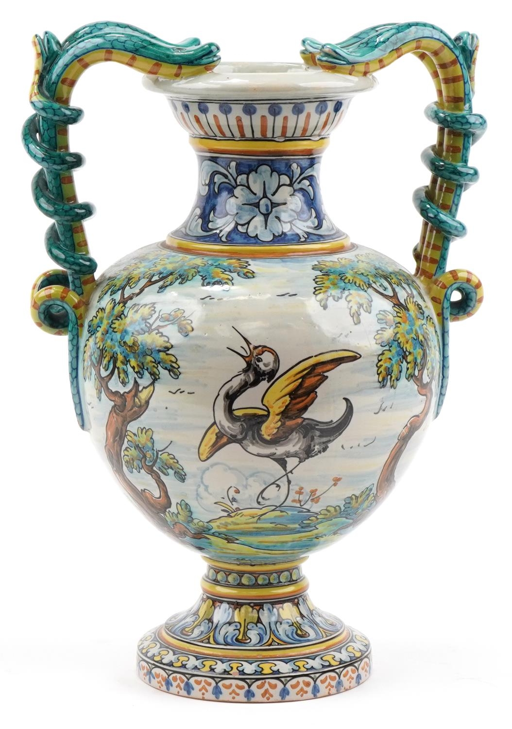 Talevera, large Spanish Maiolica vase with twin serpent handles hand painted with a mythical bird in - Image 3 of 5