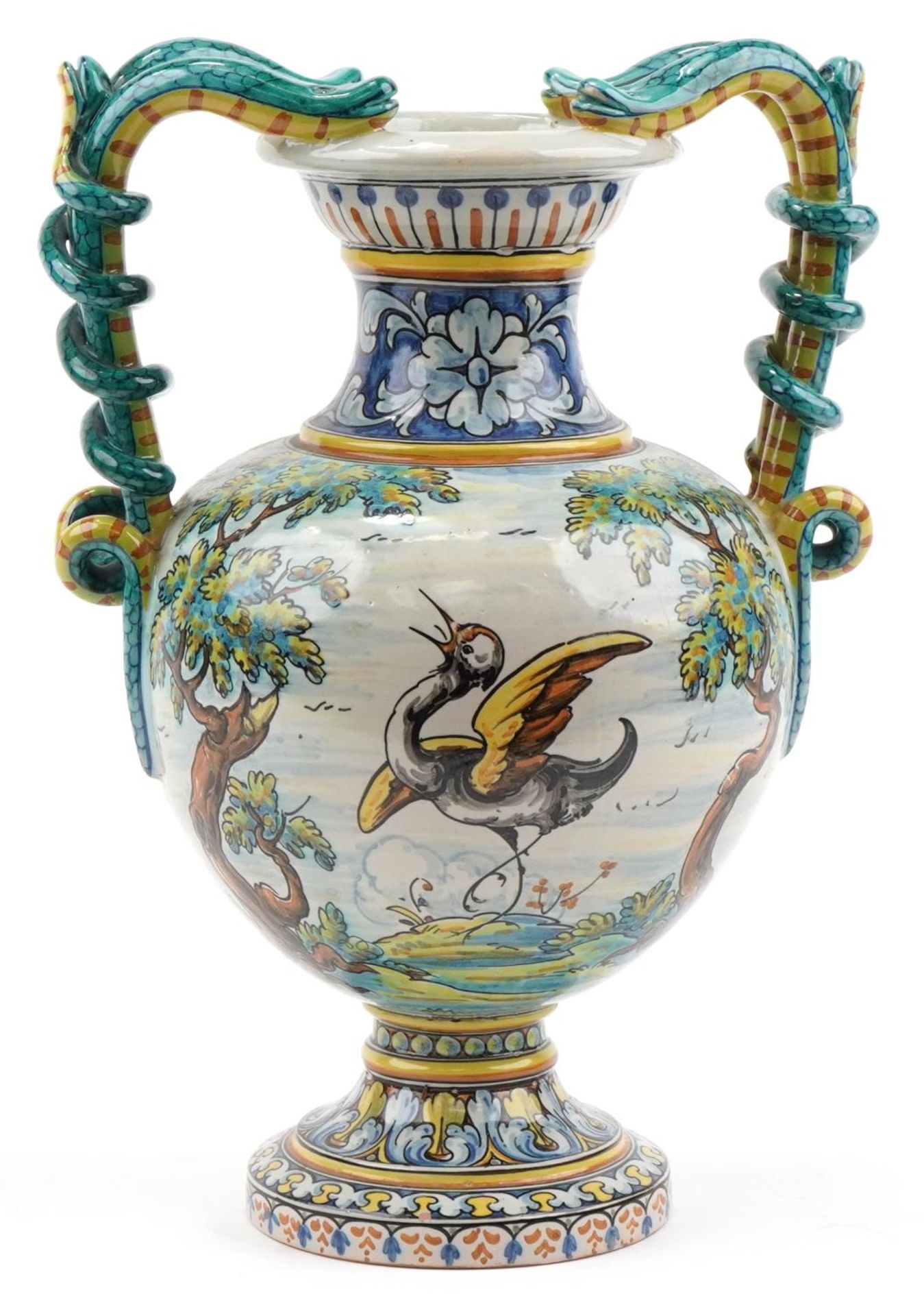 Talevera, large Spanish Maiolica vase with twin serpent handles hand painted with a mythical bird in - Bild 3 aus 5