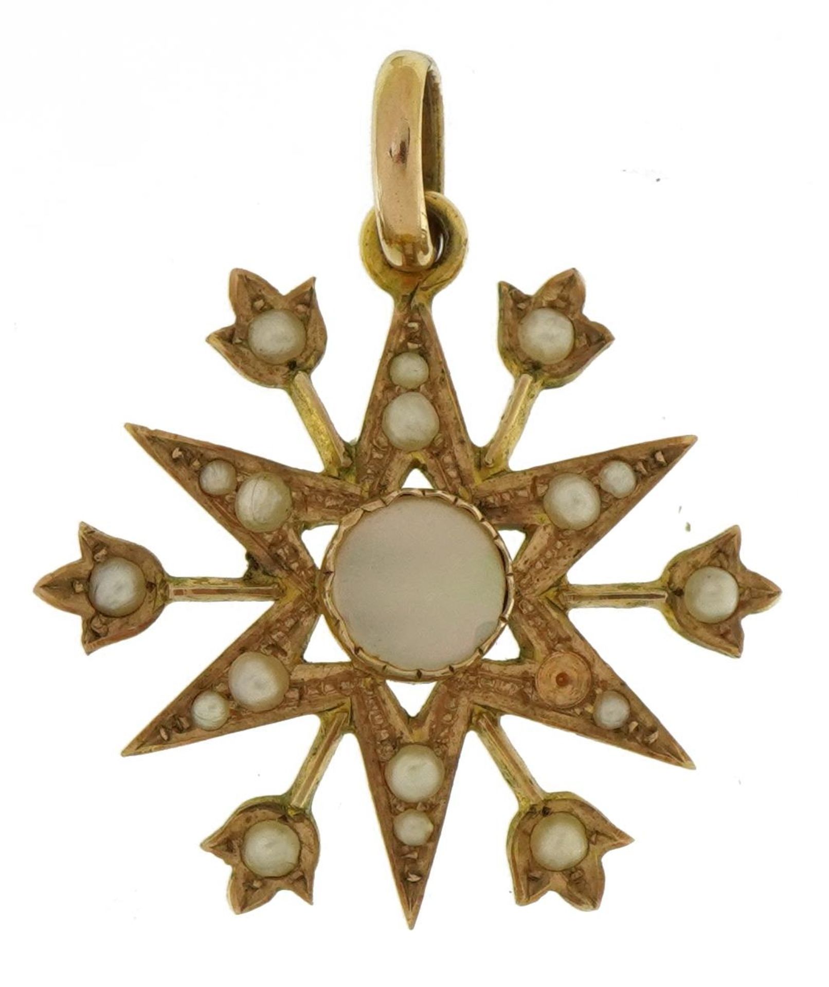 Edwardian 9ct gold mother of pearl and seed pearl starburst pendant housed in a tooled leather