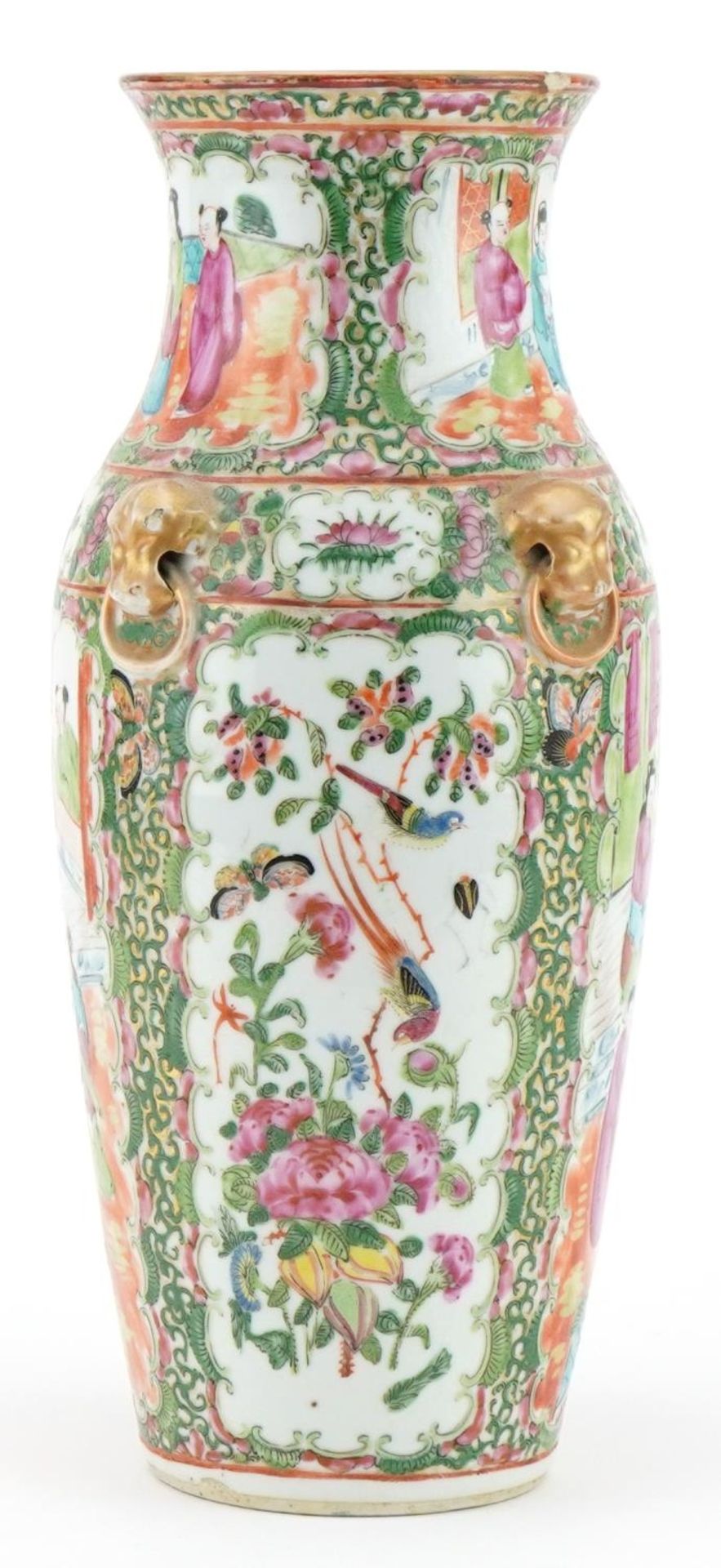 Chinese Canton porcelain vase with animalia ring turned handles hand painted with figures, birds and - Image 2 of 6