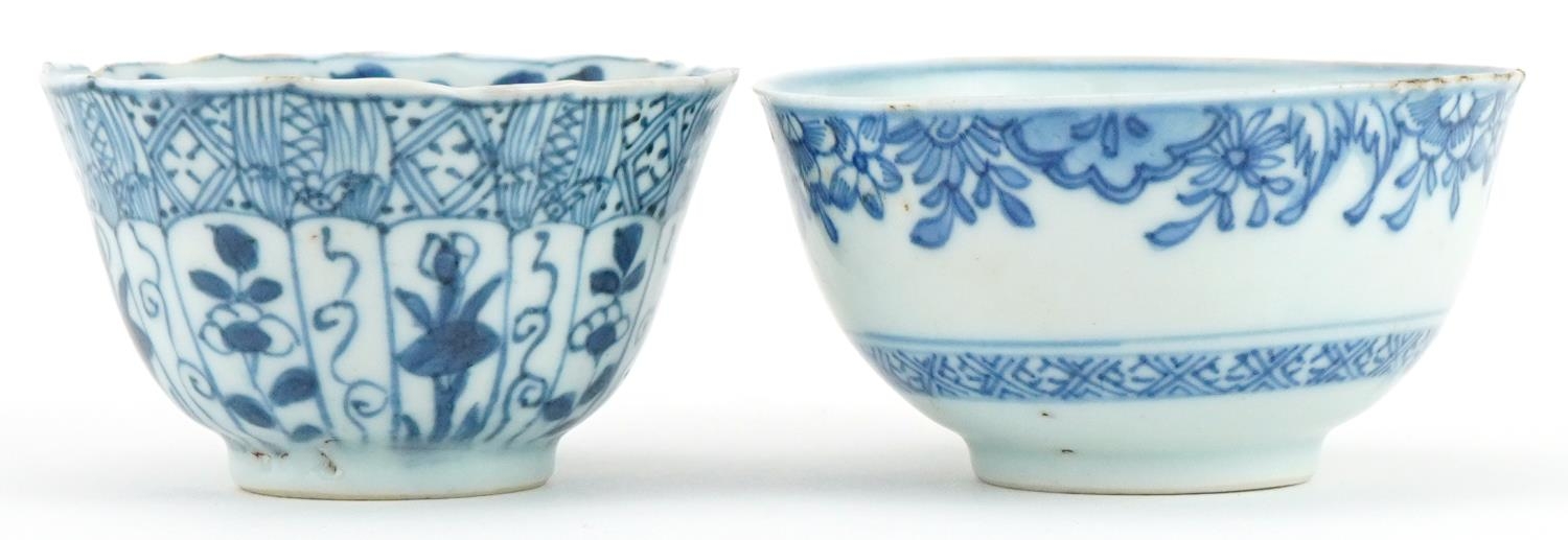 Two Chinese blue and white porcelain tea bowls including one hand painted with panels of flowers and - Image 4 of 6