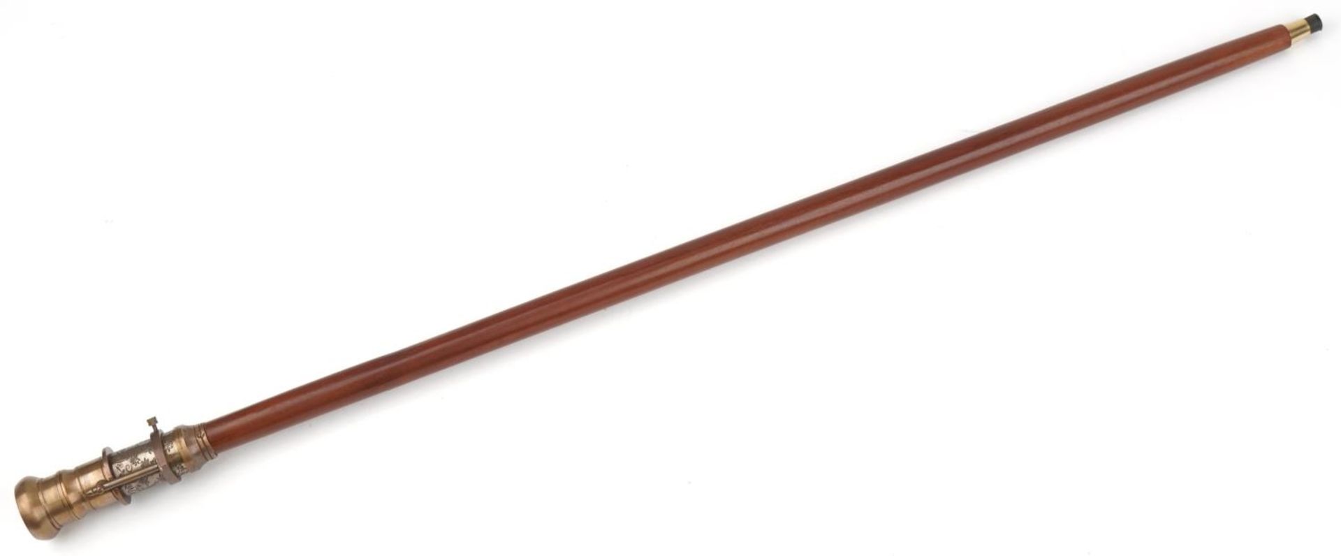 Hardwood walking stick with brass two draw telescope compass handle, 93cm in length : For further - Image 4 of 5