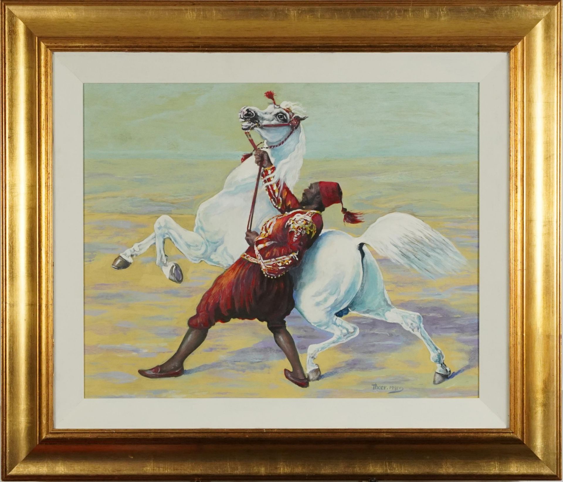 Thaer 1991 - Horse trainer with Arabian horse, Orientalist oil on board, mounted and framed, 51. - Image 2 of 4