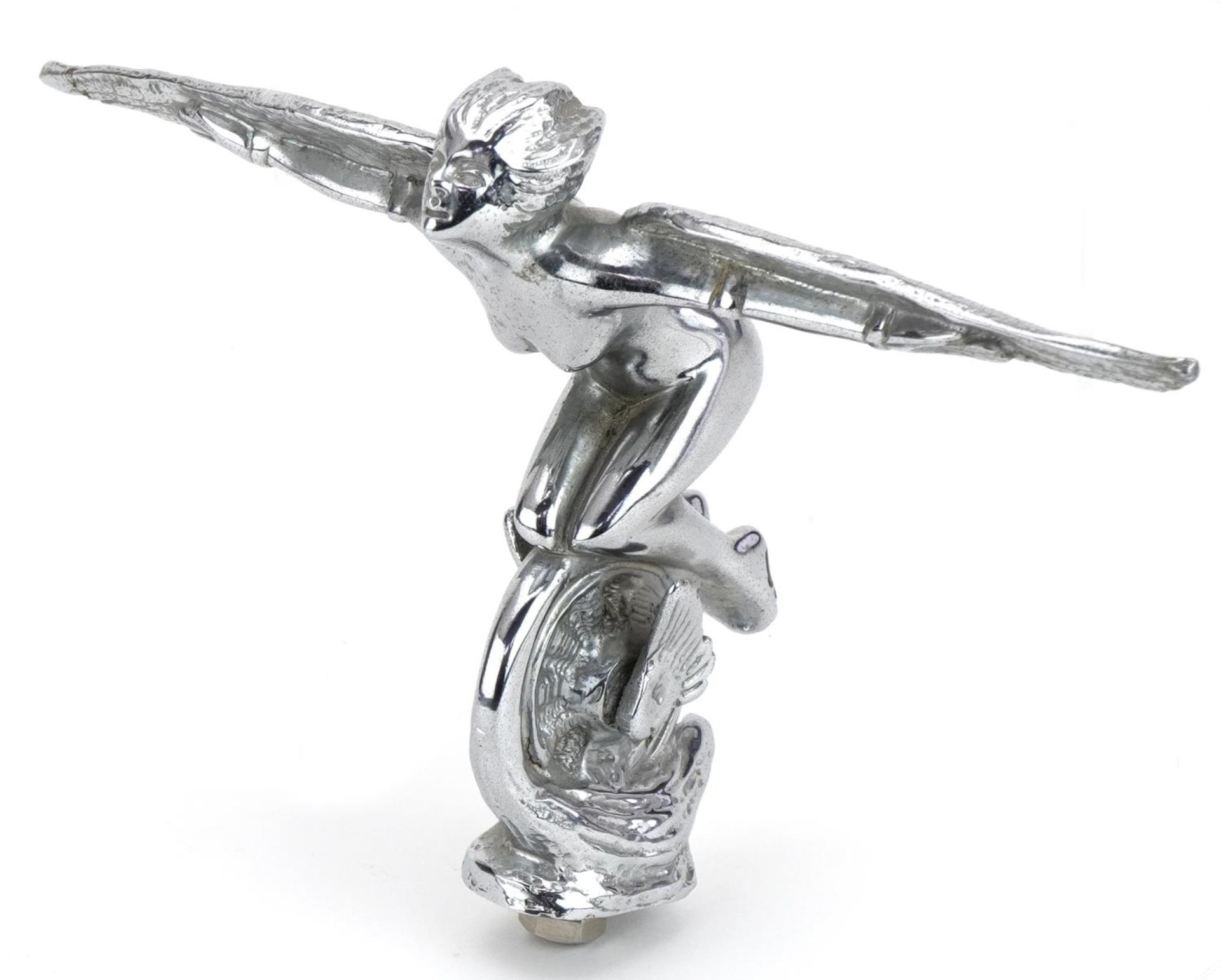 Early 20th century chrome plated car mascot in the form of a winged angel on winged wheel