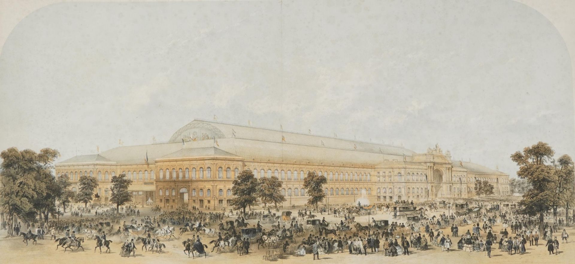 The Palace of Industry, Paris Universal Exhibition of 1855, 19th century lithograph in colour,