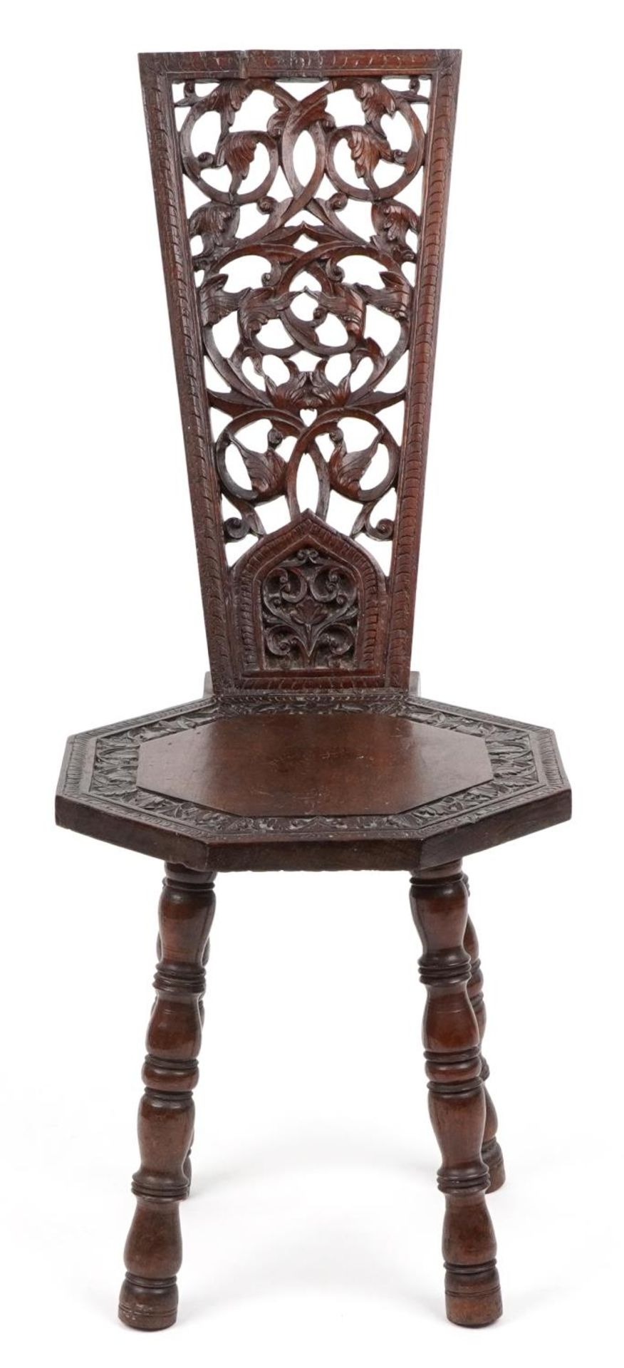 Victorian oak spinning chair deeply carved and pierced with flowers and foliage, 95.5cm high : For - Image 2 of 5
