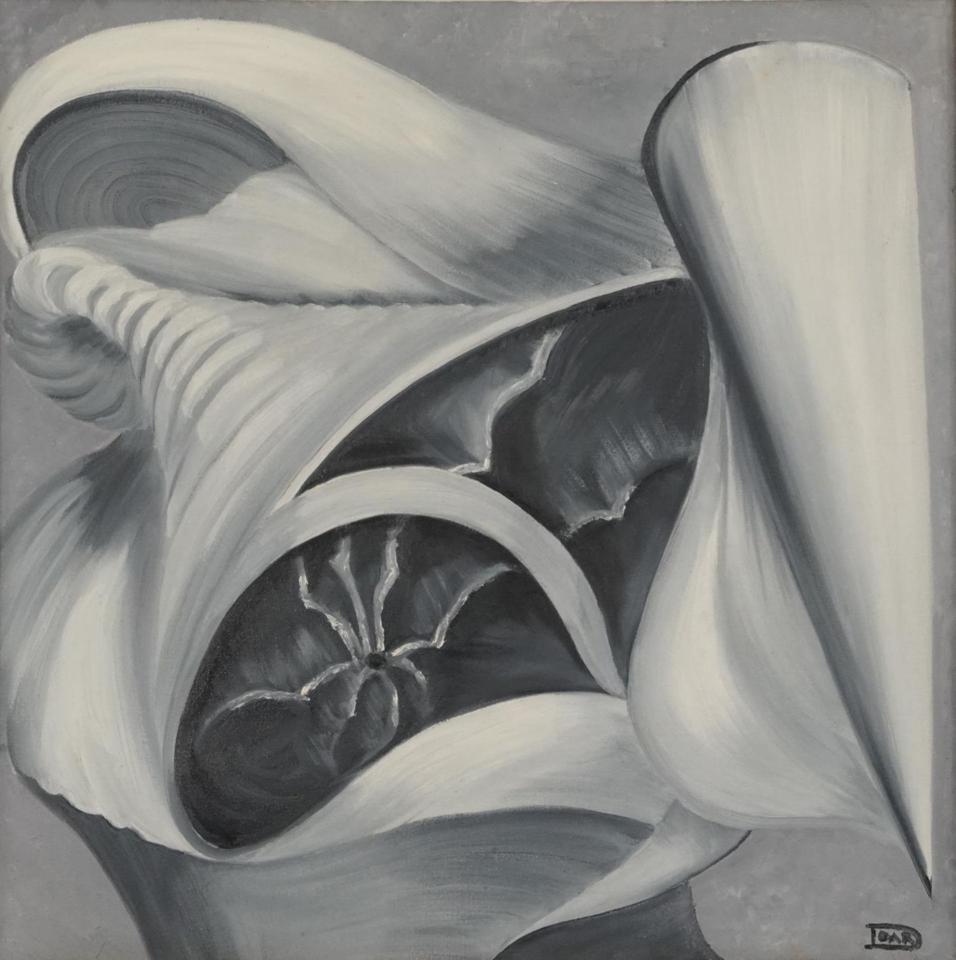 Abstract compositions, shells, pair of monochrome oil on canvasses, framed, each 49cm x 49cm - Image 6 of 9