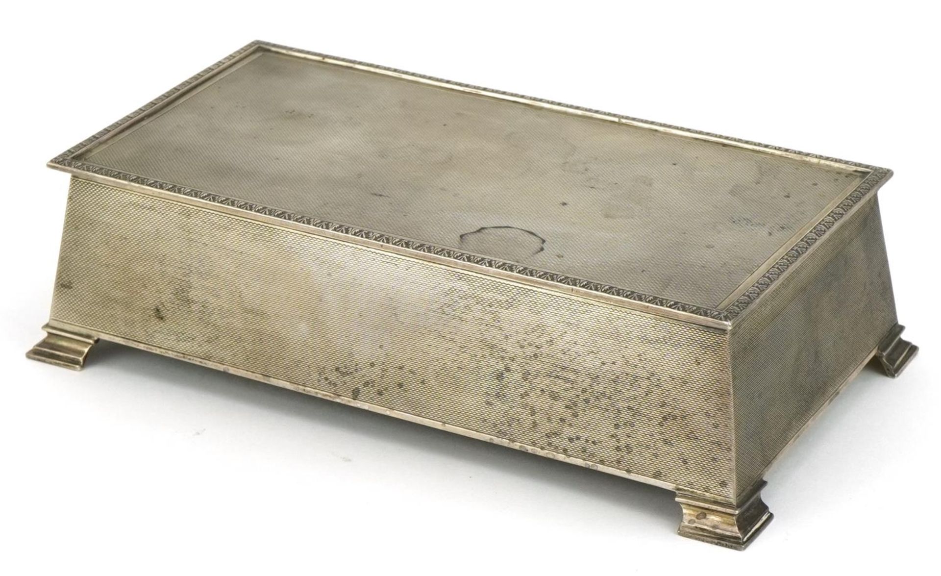W H Manton Ltd, Art Deco style rectangular silver cigar box with engraved Eastbourne Gazette