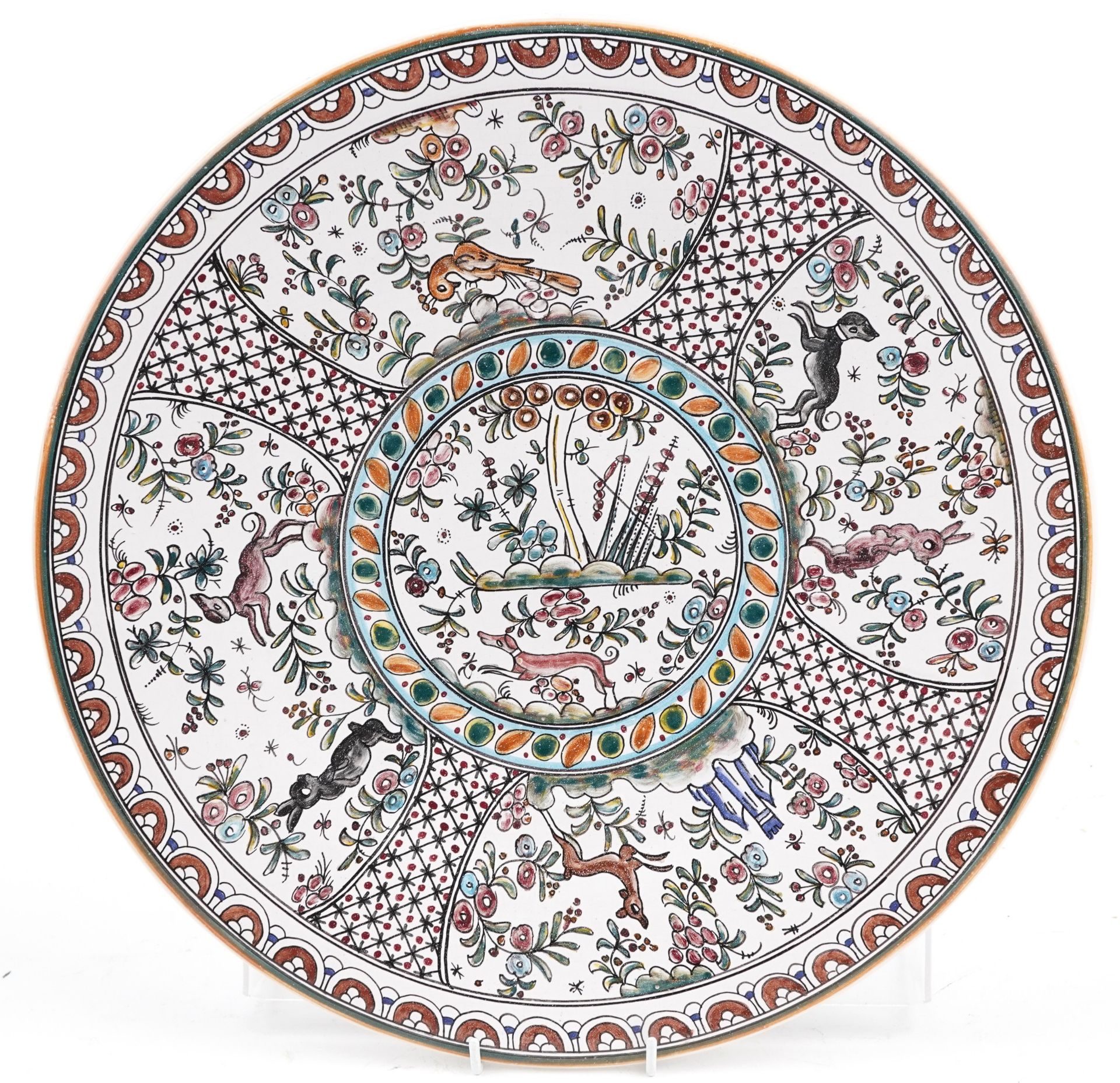 Large Portuguese wall charger hand painted with wild animals and flowers, 44cm in diameter : For