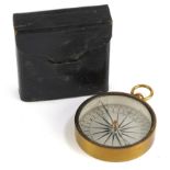 W Watson & Sons of Holborn London, 19th century brass cased compass with leather case, 7.5cm in