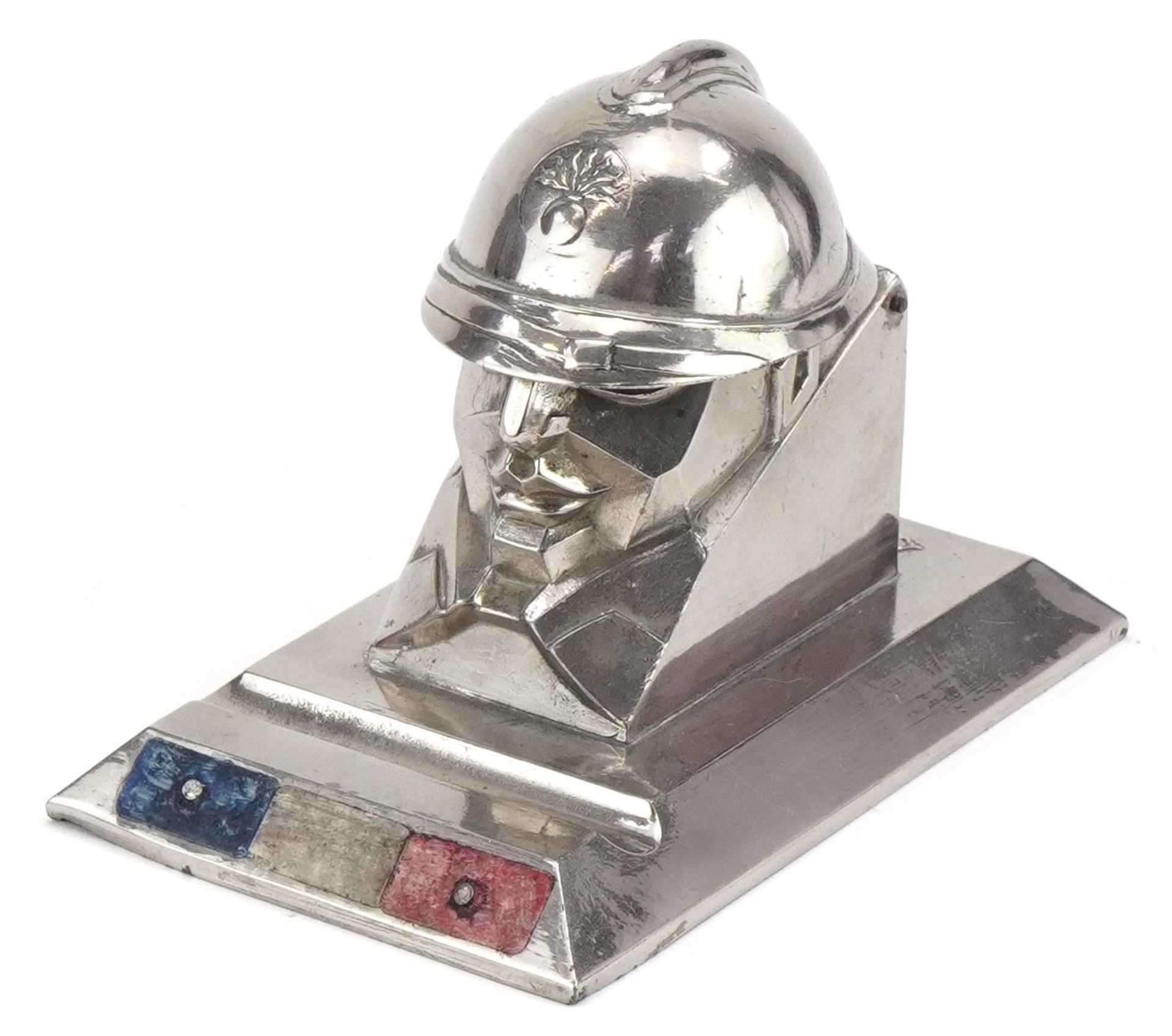 Richer of Paris, vintage French novelty silvered metal desk inkwell in the form of a fireman with