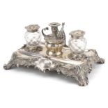 Edward, John & William Barnard, Victorian silver desk stand with a pair of cut glass inkwells with