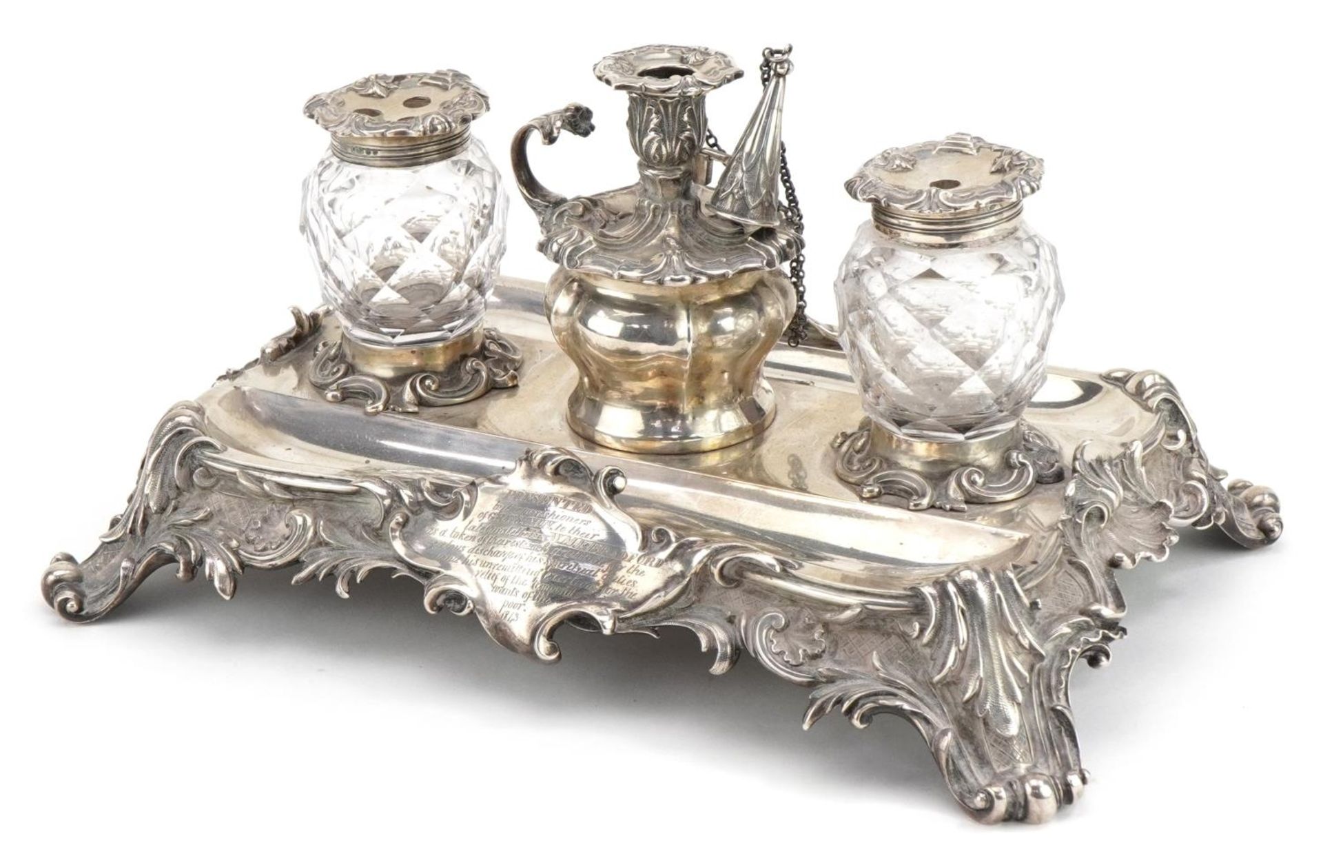 Edward, John & William Barnard, Victorian silver desk stand with a pair of cut glass inkwells with