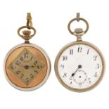 Two gentlemen's white metal pocket watches, each with watch chain, comprising Bentima and one with