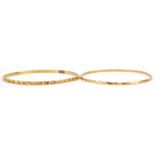 Two gold bangles, each tests as 15ct gold, 6.5cm in diameter, total 14.0g : For further