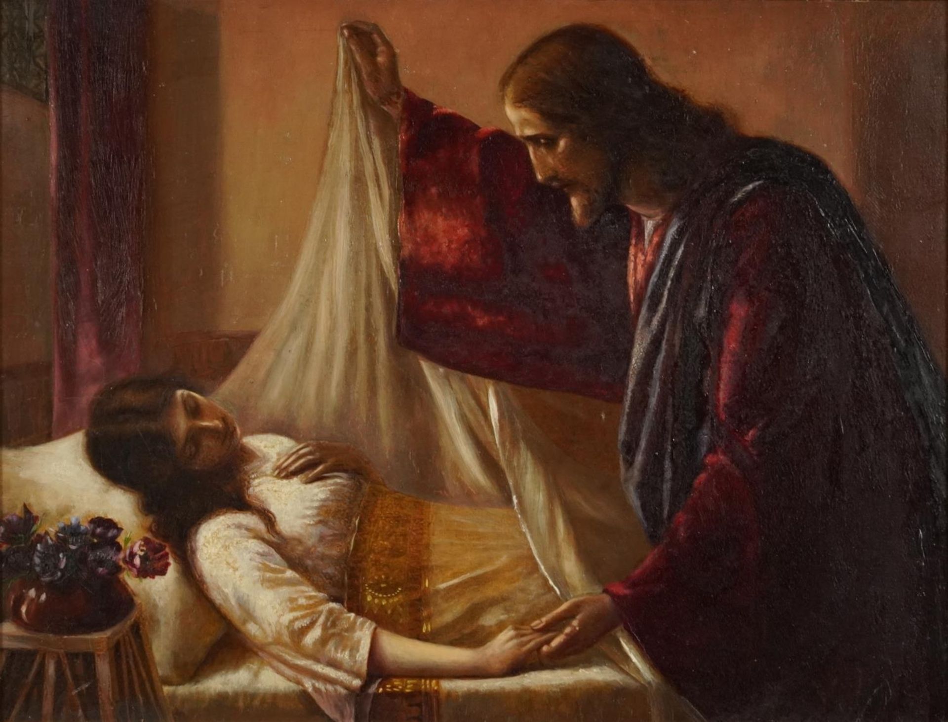 Jesus beside reclining female, old master style oil on board, mounted and framed, 37cm x 28cm