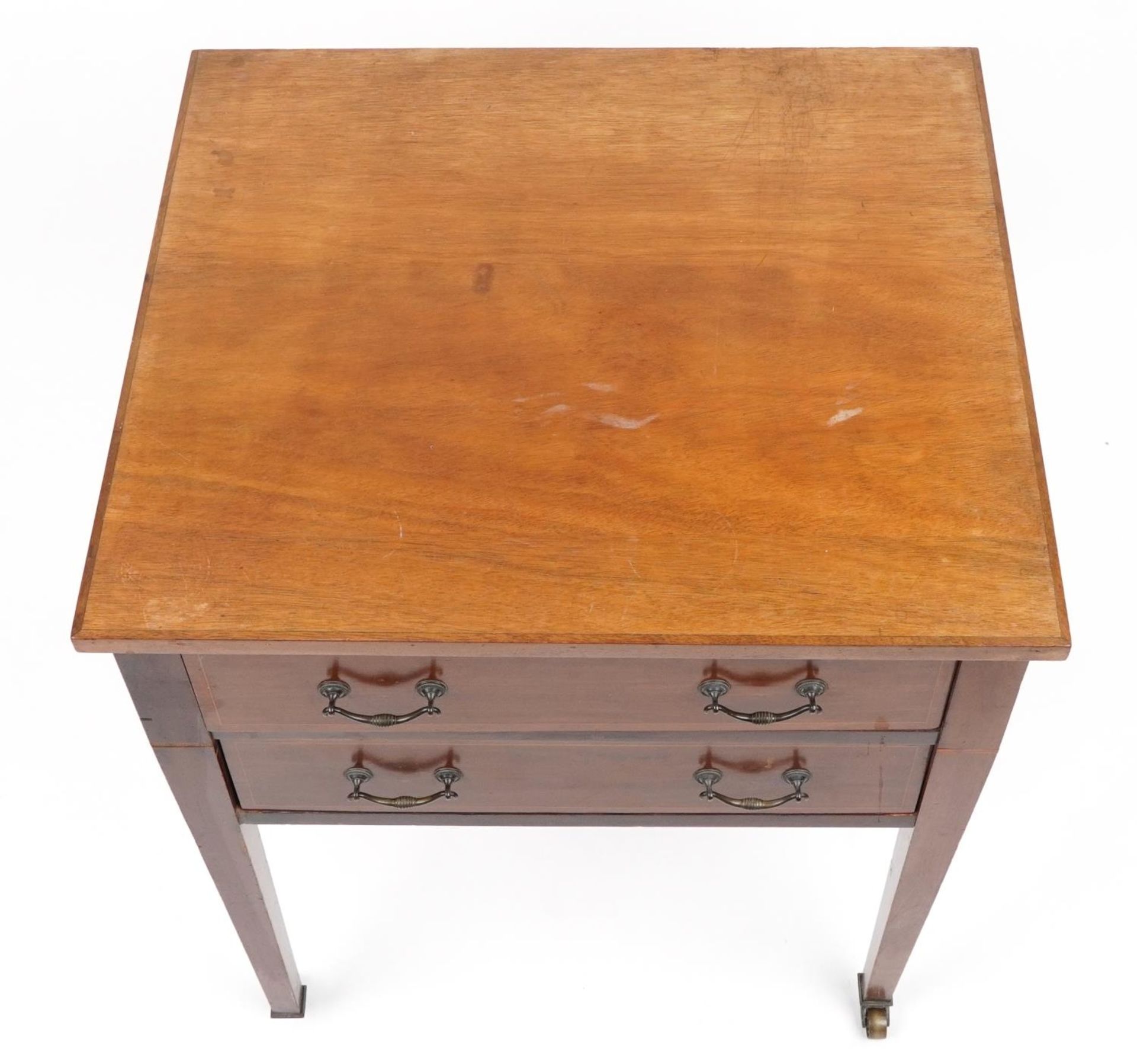 Jas Shoolbred & Co, Edwardian inlaid mahogany two drawer side table on tapering legs, 76cm H x - Image 3 of 6