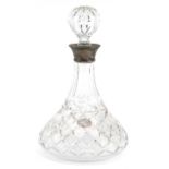 Cut crystal decanter with silver collar by Roberts & Dore Ltd, Birmingham 1980, 27cm high : For