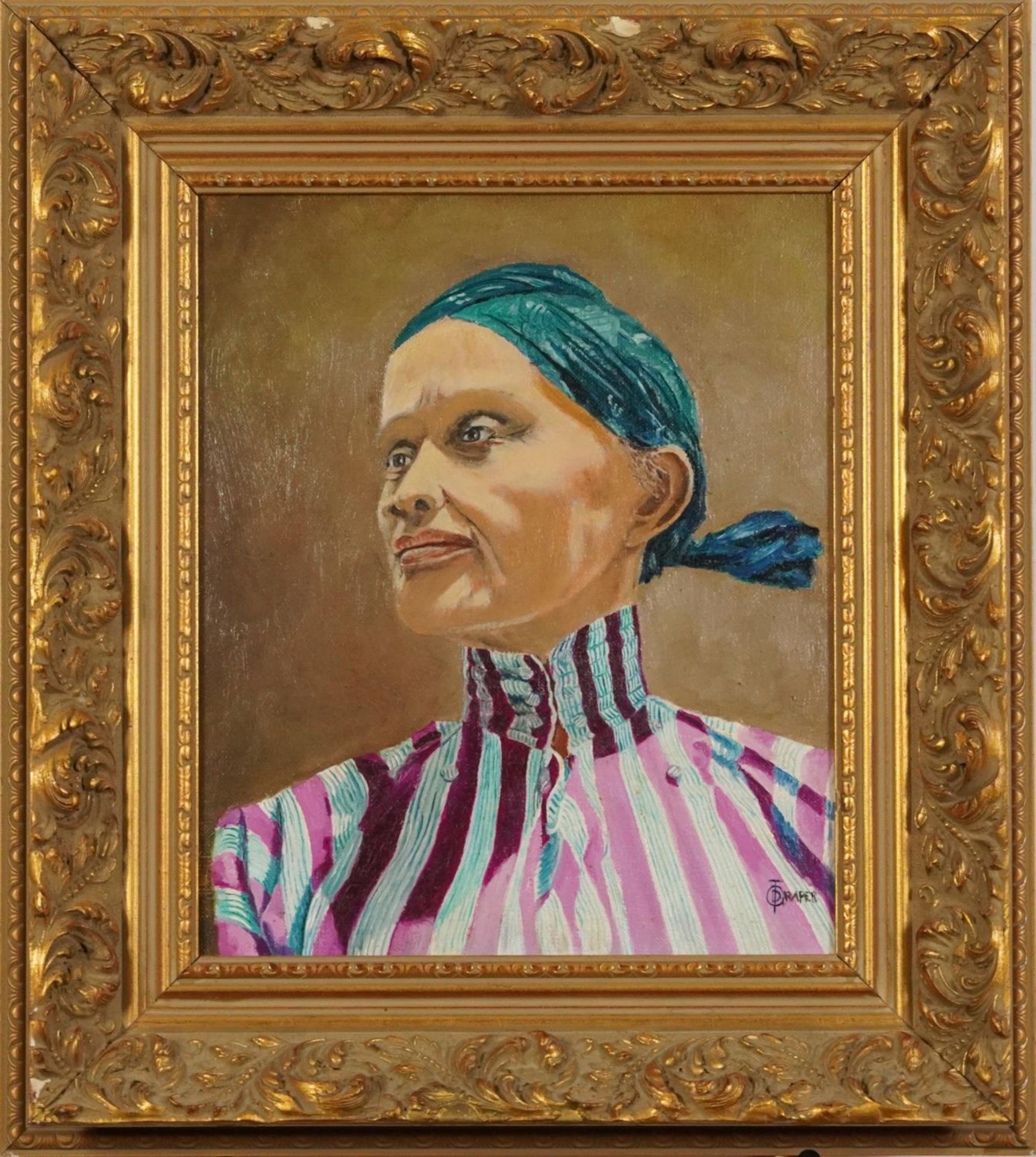 Head and shoulders portrait of a female wearing a headscarf and blouse, oil on canvas, - Image 2 of 4