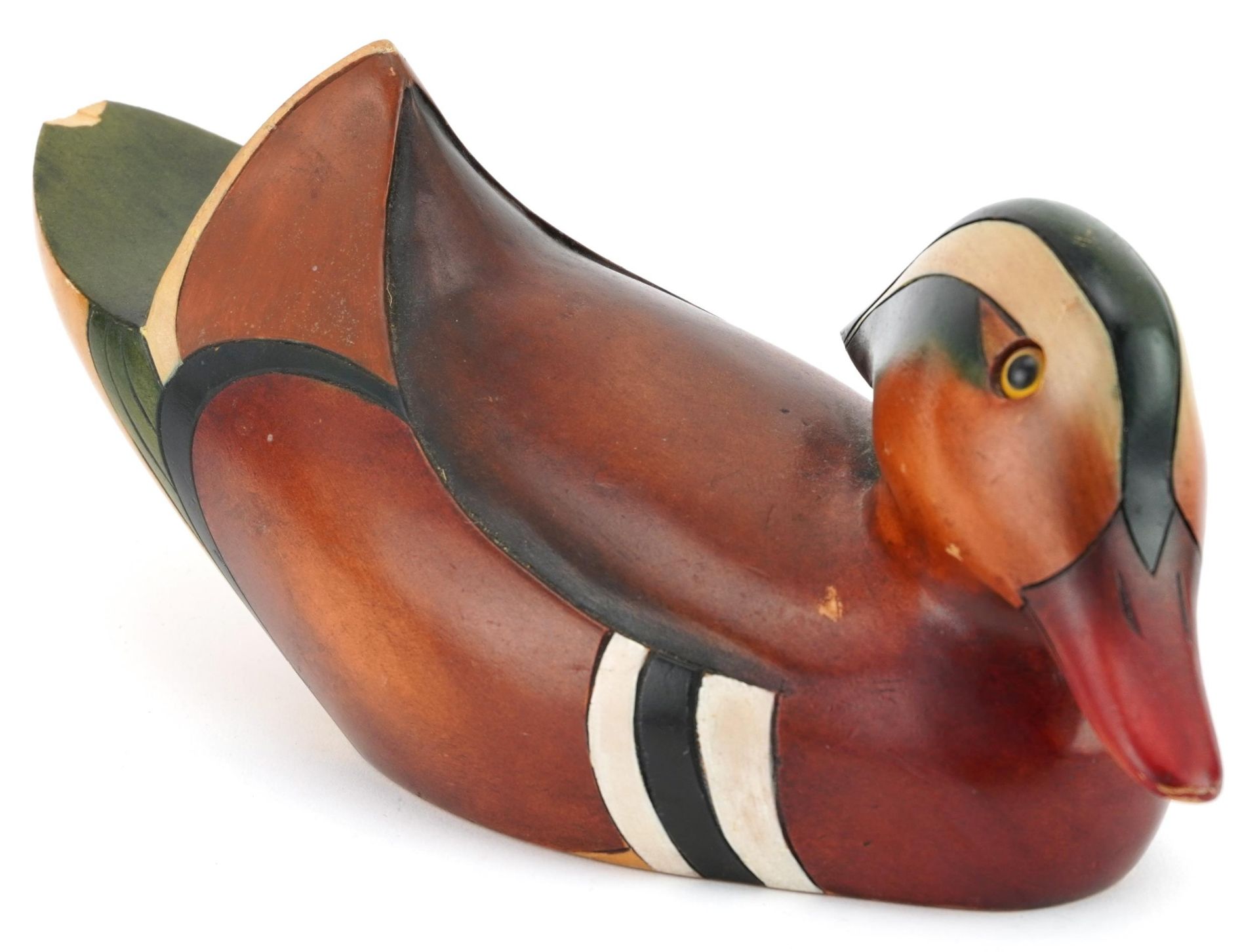 Feathers Gallery carved wood Mandarin duck decoy, lead edition 966/2000, 28.5cm in length : For