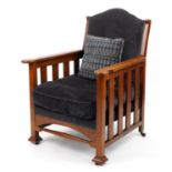 Art Deco oak armchair with blue upholstered back, seat and cushion, 99cm high : For further