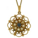 9ct gold topaz and pearl flower head cluster pendant on 9ct gold curb link necklace, 3.0cm high