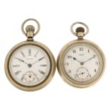 Two gentlemen's white metal pocket watches with enamelled dials comprising Eros and Waltham, each