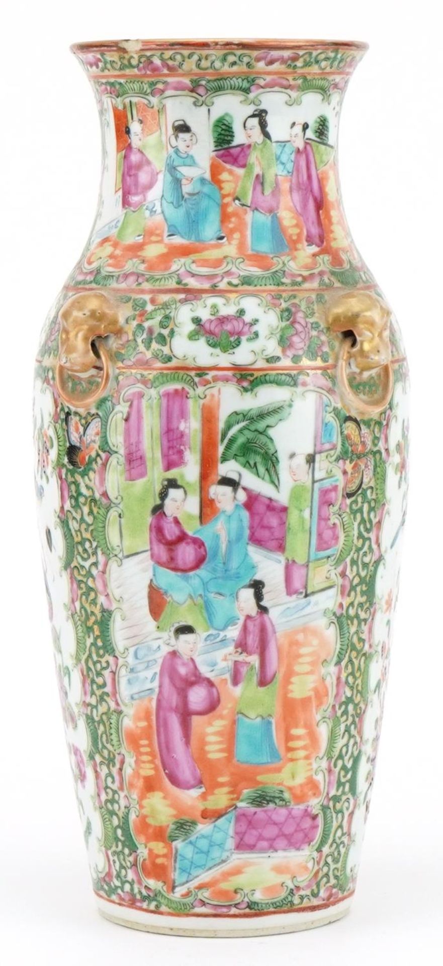 Chinese Canton porcelain vase with animalia ring turned handles hand painted with figures, birds and - Image 3 of 6