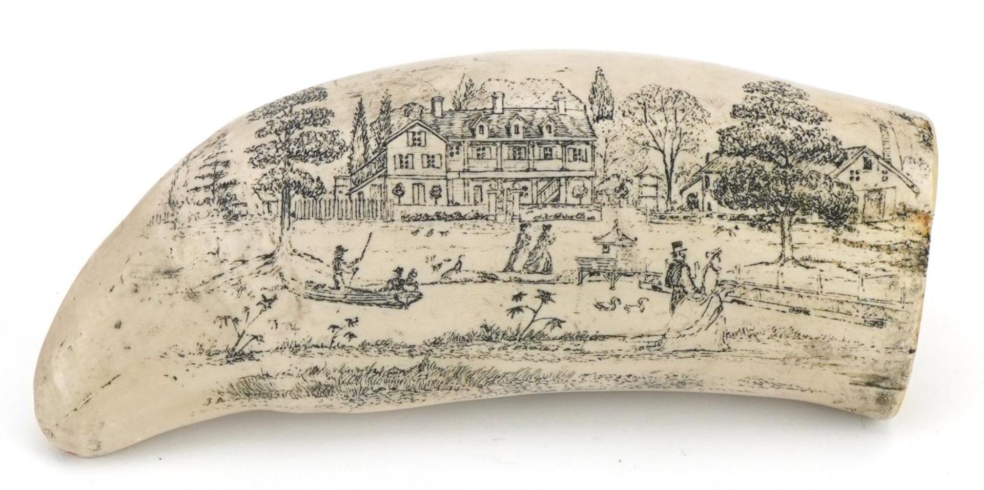 Reproduction scrimshaw tusk decorated with a ship and landscape, 15cm wide : For further information - Image 2 of 3