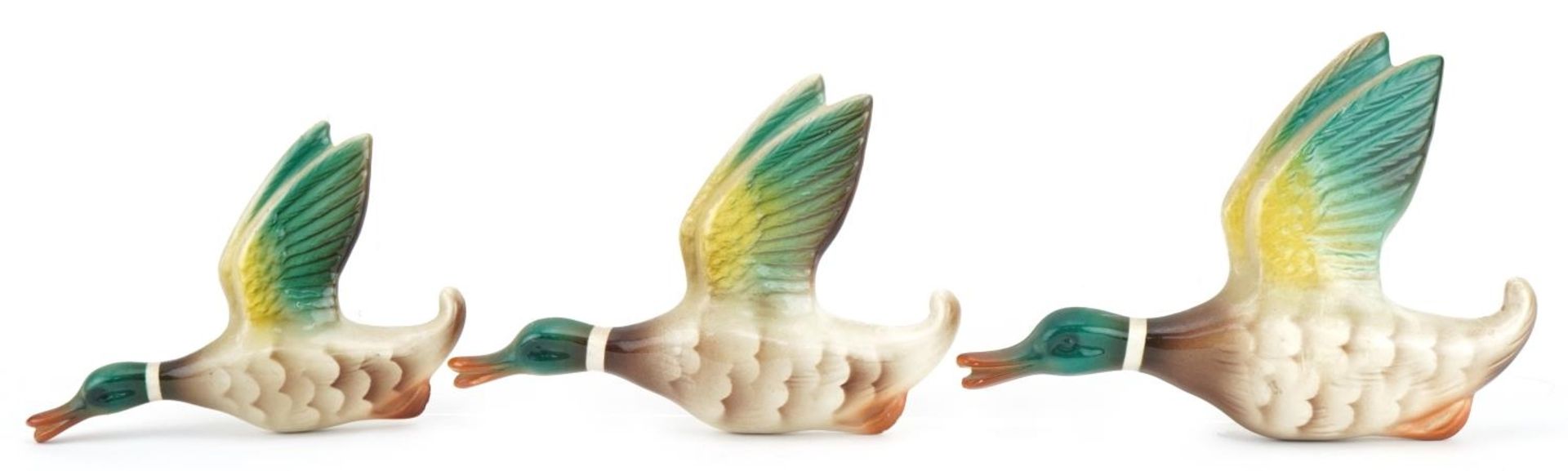 Graduated set of three Beswick style Mallard wall plaques, the largest 18.5cm in length : For