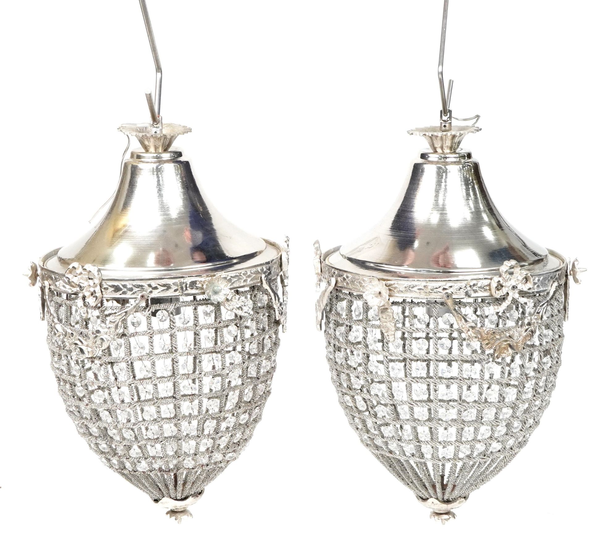 Pair of ornate silvered acorn design chandeliers decorated with swags and bows, 52cm high : For