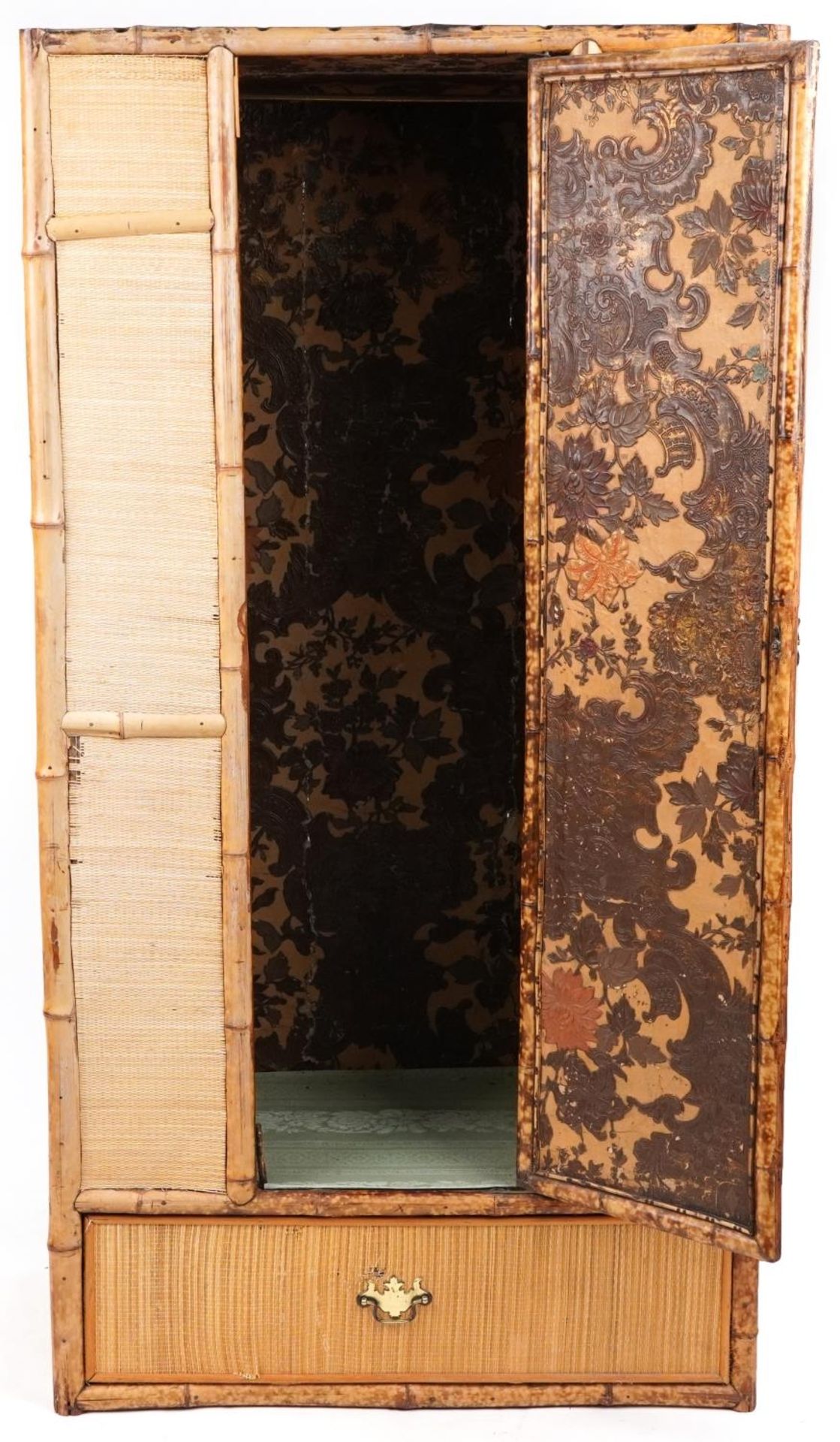 Victorian aesthetic bamboo and hessian style wardrobe with Japanned interior embossed C P - Image 3 of 5