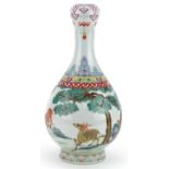 Chinese porcelain garlic head vase hand painted in the famille rose palette with deer in a