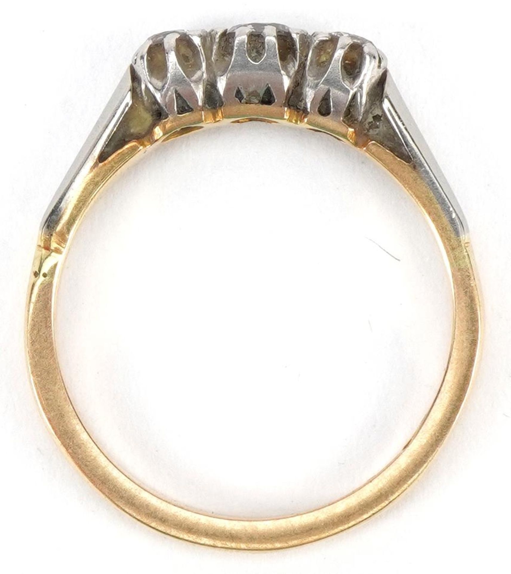 18ct gold diamond three stone ring, the largest diamond approximately 3.0mm in diameter, size M, 2. - Image 3 of 4