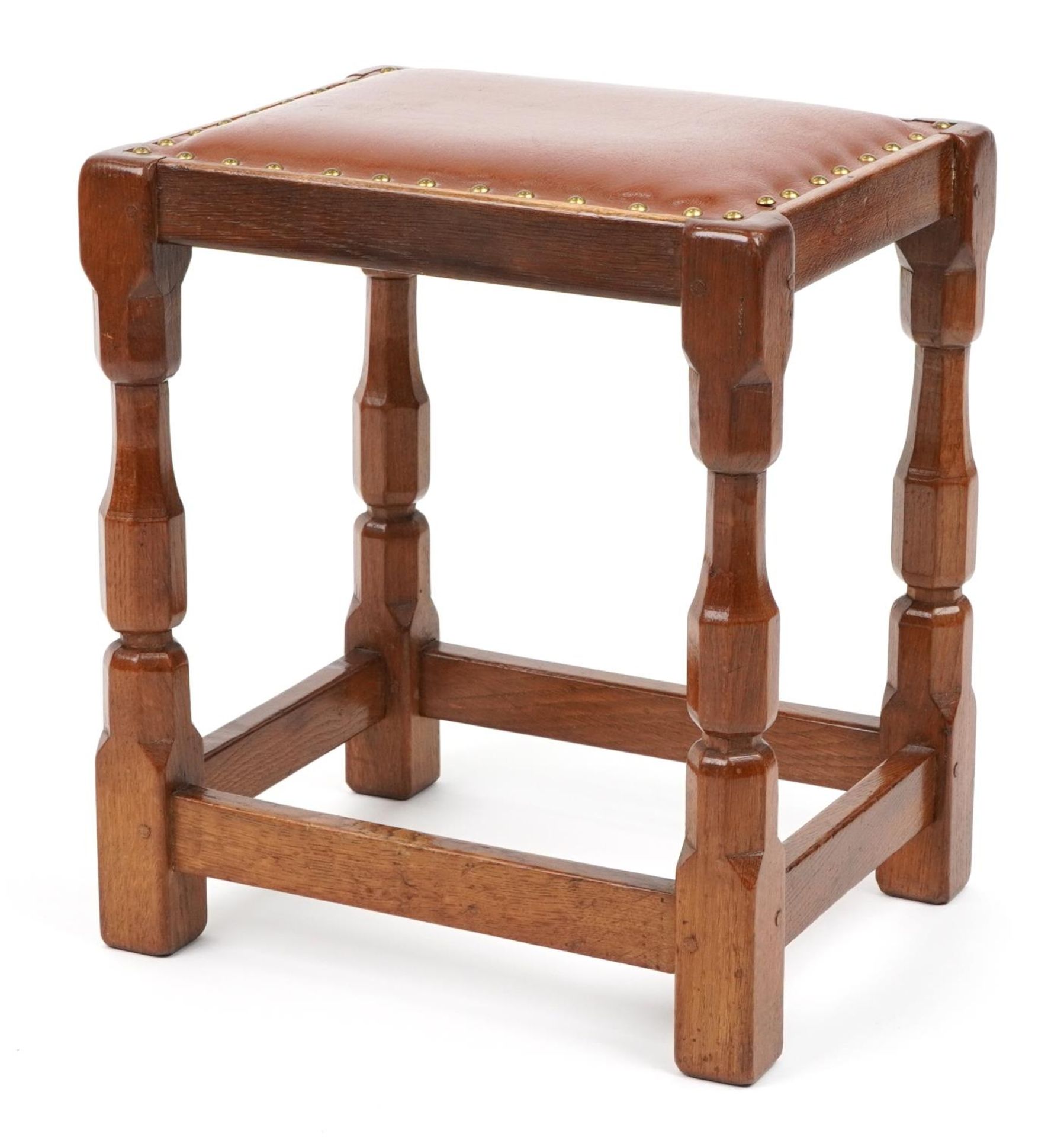Syd Pollard, Arts & Crafts oak stool with brown leather upholstered seat, 45cm H x 40cm W x 32cm D : - Image 3 of 3
